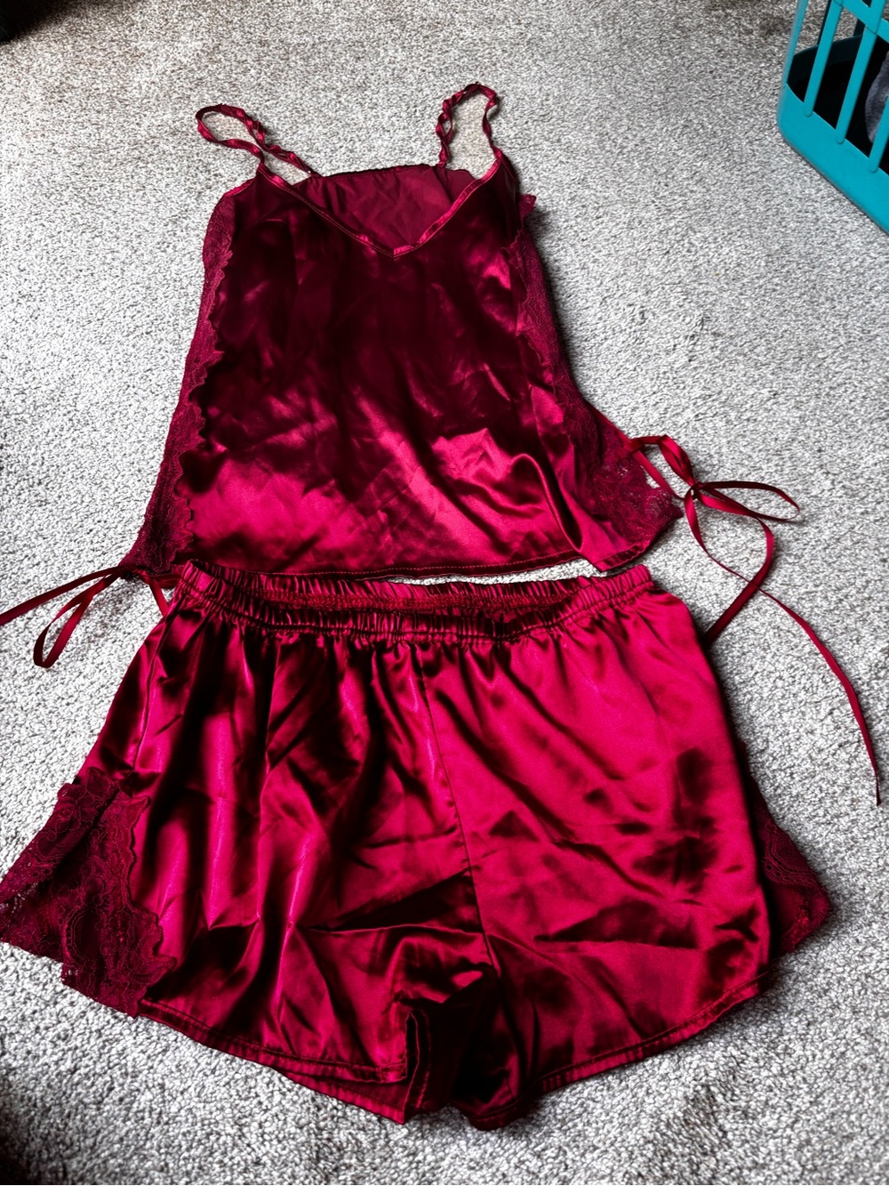 Satin Lace Cami & Short Set in Deep Red